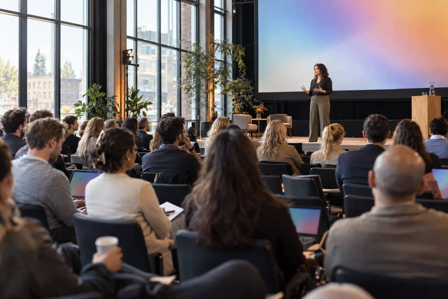 A speaker on a conference stage, seen over the heads of an attentive audience in a hall with tall windows