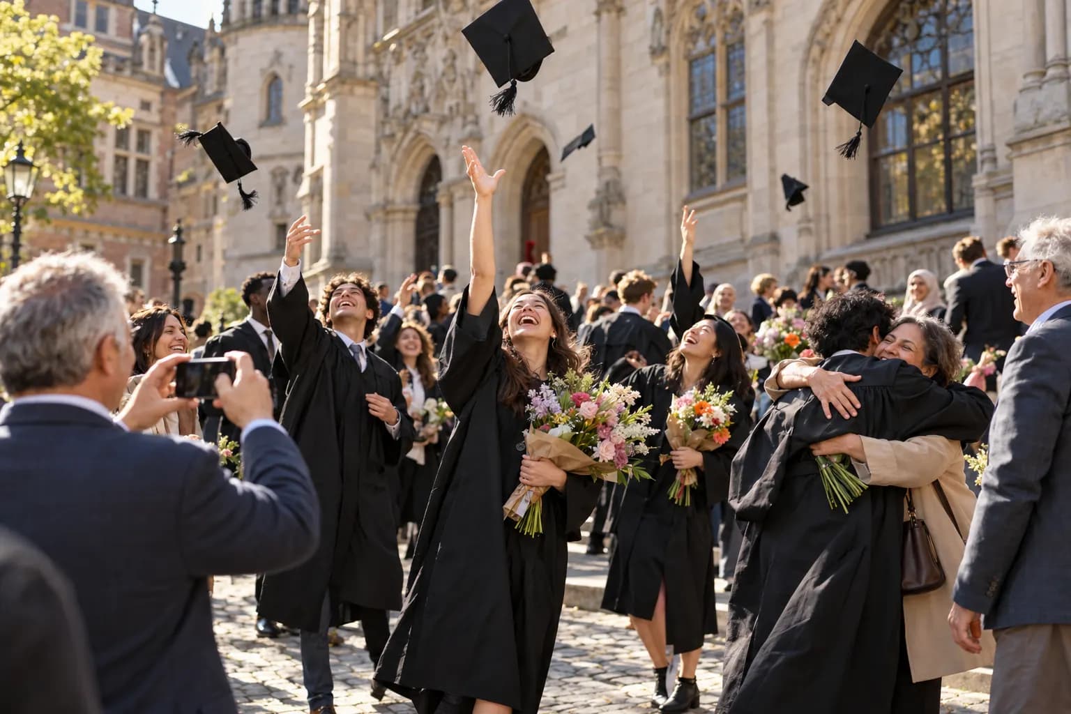 Graduates throw their caps in the air outside a historic university building while families take photos